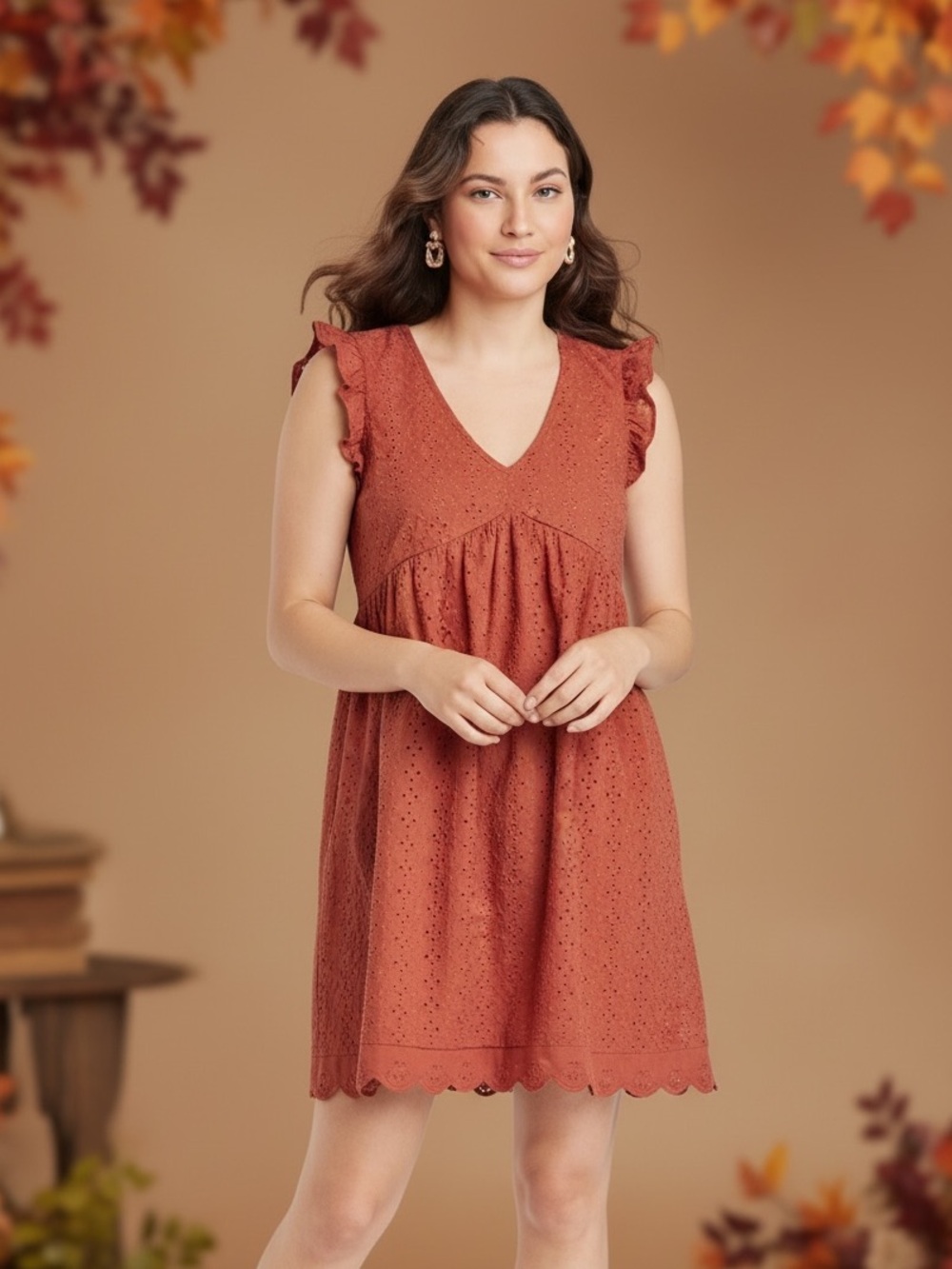 Knox Rose Red Rust Babydoll Eyelet Mini Dress V-neck Ruffle sleeves Boho XXL
